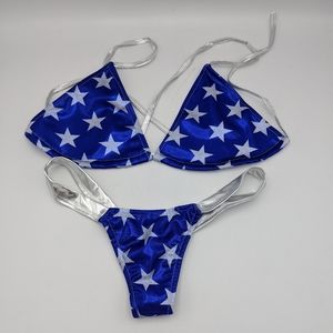 New Blue & White Stars Triangle Top Thong Bikini